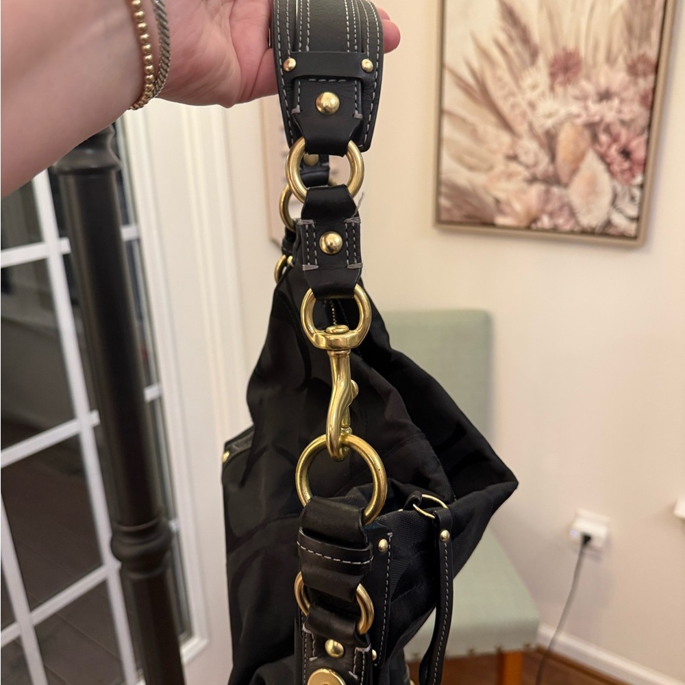 Coach Black Signature Carly Hobo Shoulder Bag with Brass Hardware - Picture 10 of 16
